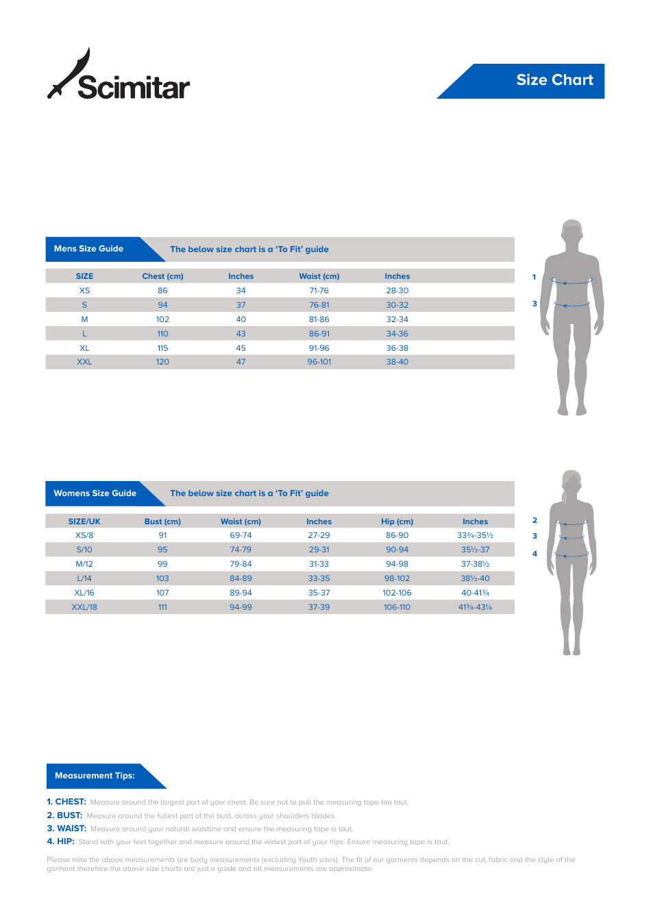 Running Clothes Size Chart - Scimitar, Page 1