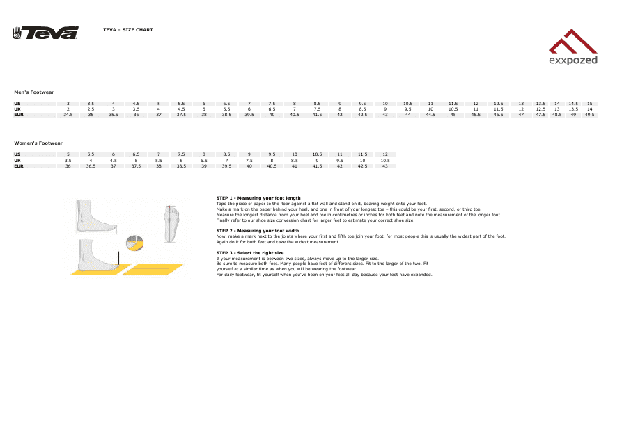 Footwear Size Chart - Teva Download Printable PDF | Templateroller