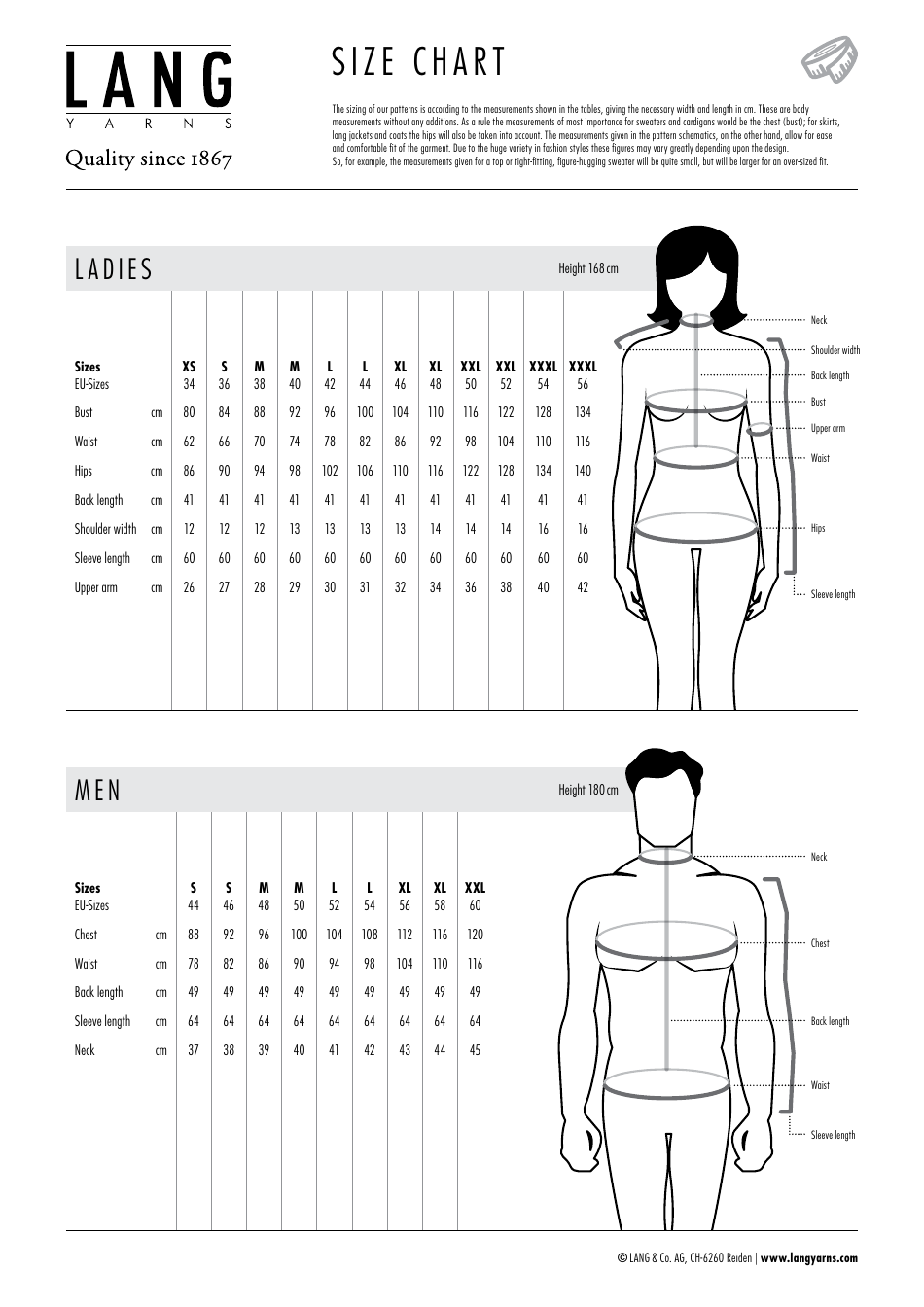 Women, Men and Childrens Size Chart - Lang Yarns, Page 1