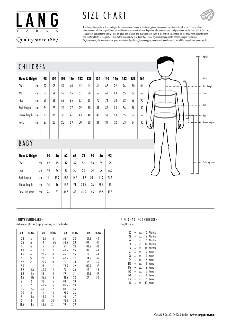 Women, Men and Childrens Size Chart - Lang Yarns, Page 2