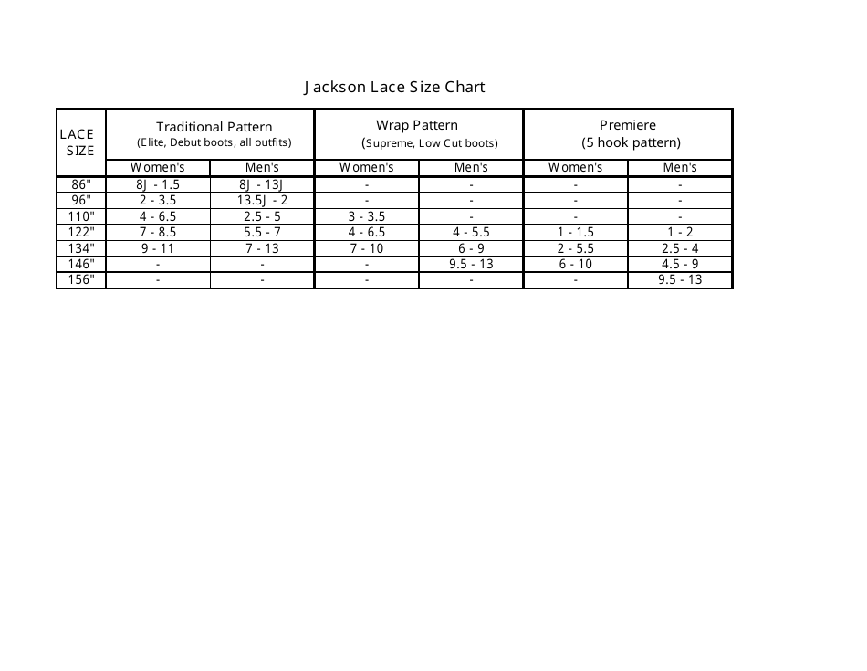 Size Chart - Jackson Lace, Page 1