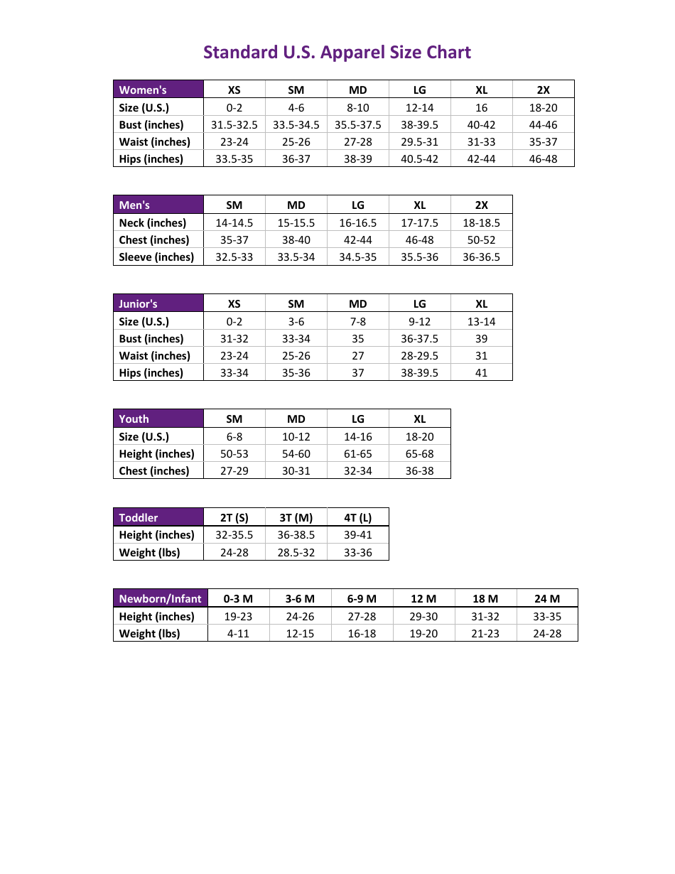 Size Chart - US Standard Apparel, Page 1