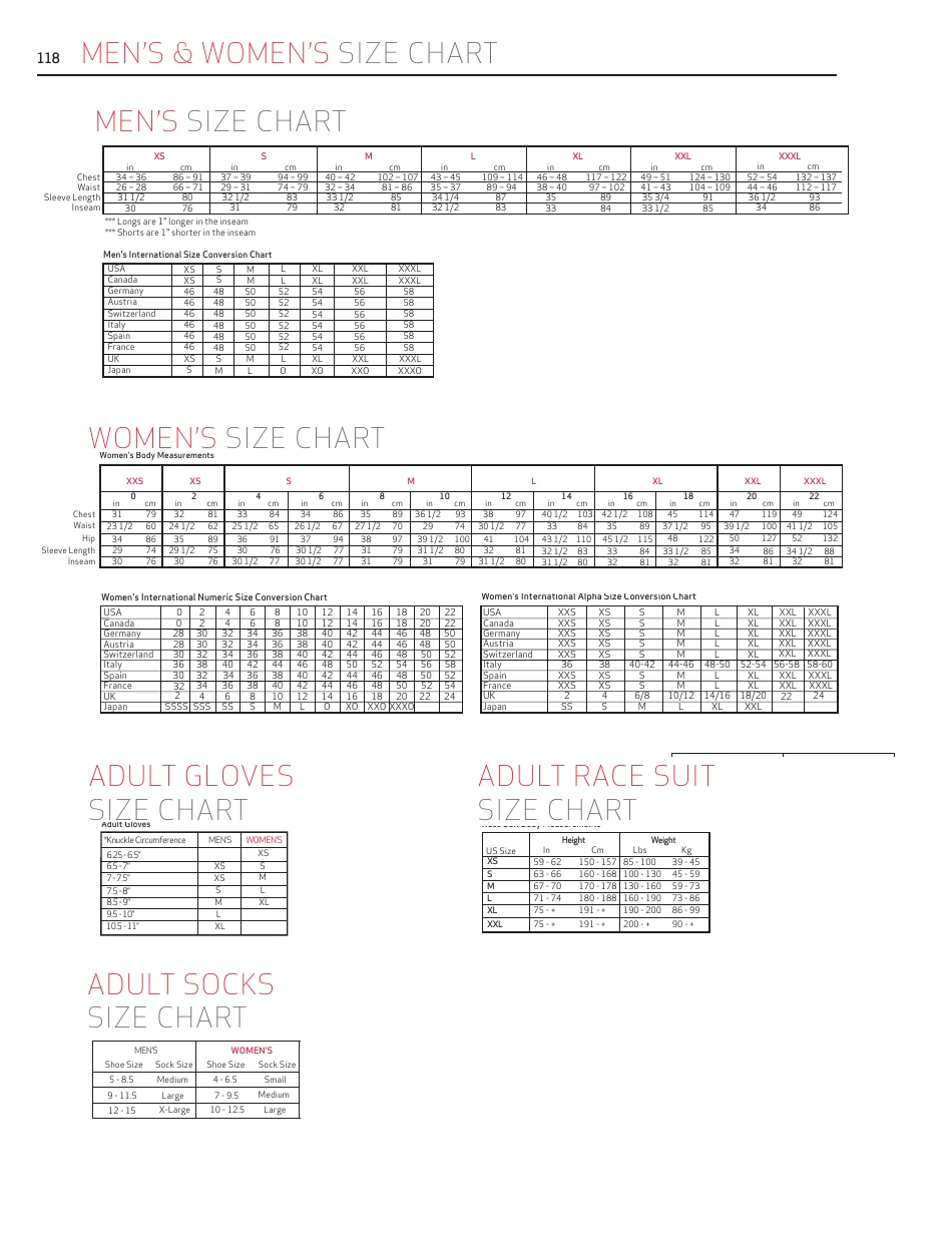 Men & Women's Size Chart Black and Red Download Printable PDF