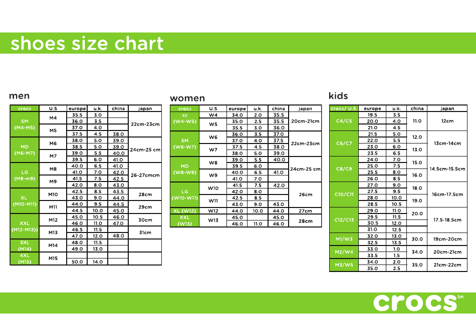Shoes Size Chart - Crocs, Page 1
