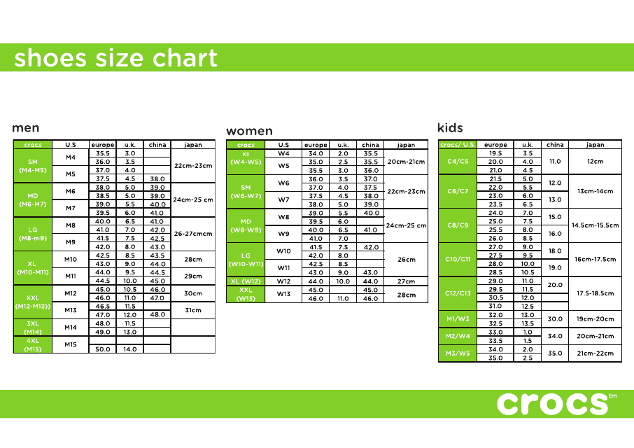 Printable Size Chart For Crocs - Free Printable Charts