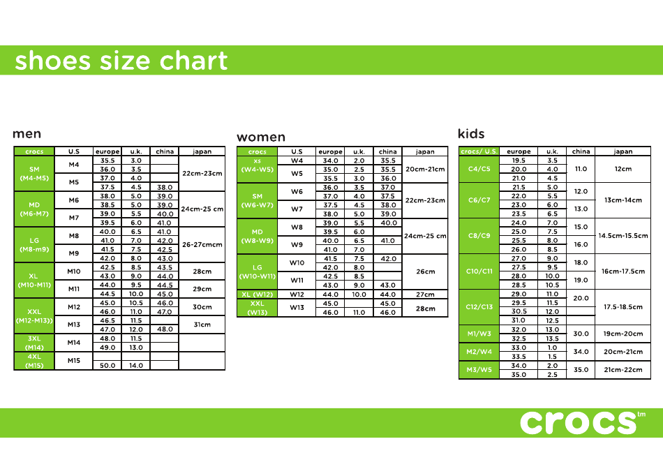 Shoes Size Chart - Crocs Download Printable PDF | Templateroller