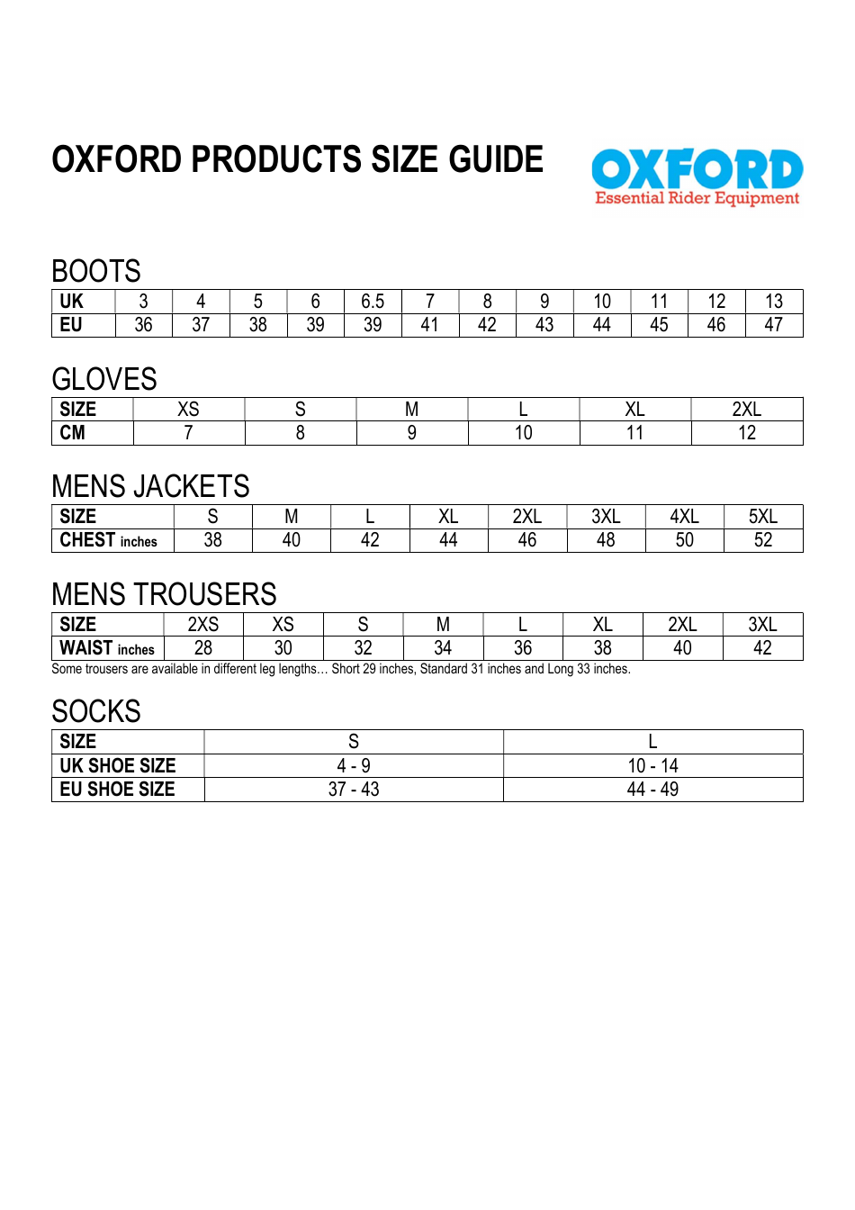 Size Chart - Oxford, Page 1