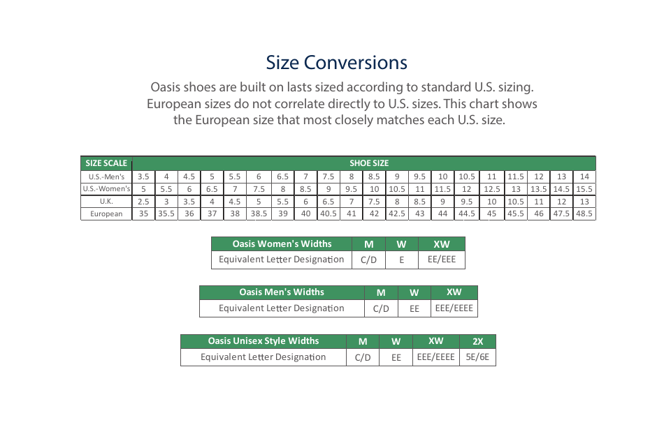 Shoe Size Conversions Chart - Oasis, Page 1