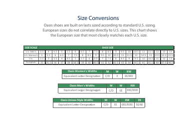 Document preview: Shoe Size Conversions Chart - Oasis