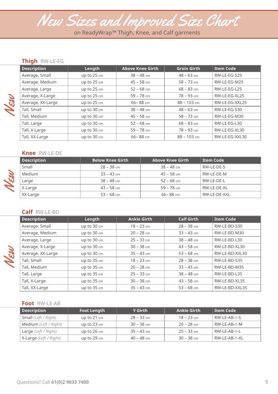 Thigh, Knee, and Calf Compression Garment Size Chart - Readywrap, Page 1