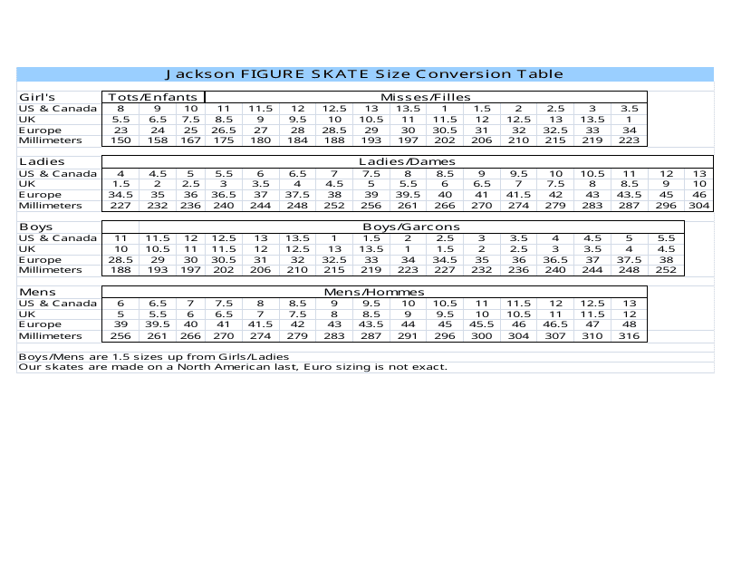 Figure Skate Size Conversion Table - Jackson Download Printable PDF ...