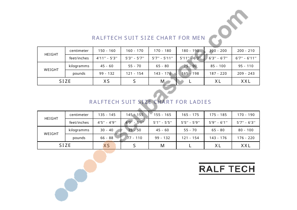 Scuba Suit Size Chart - Ralf Tech, Page 1