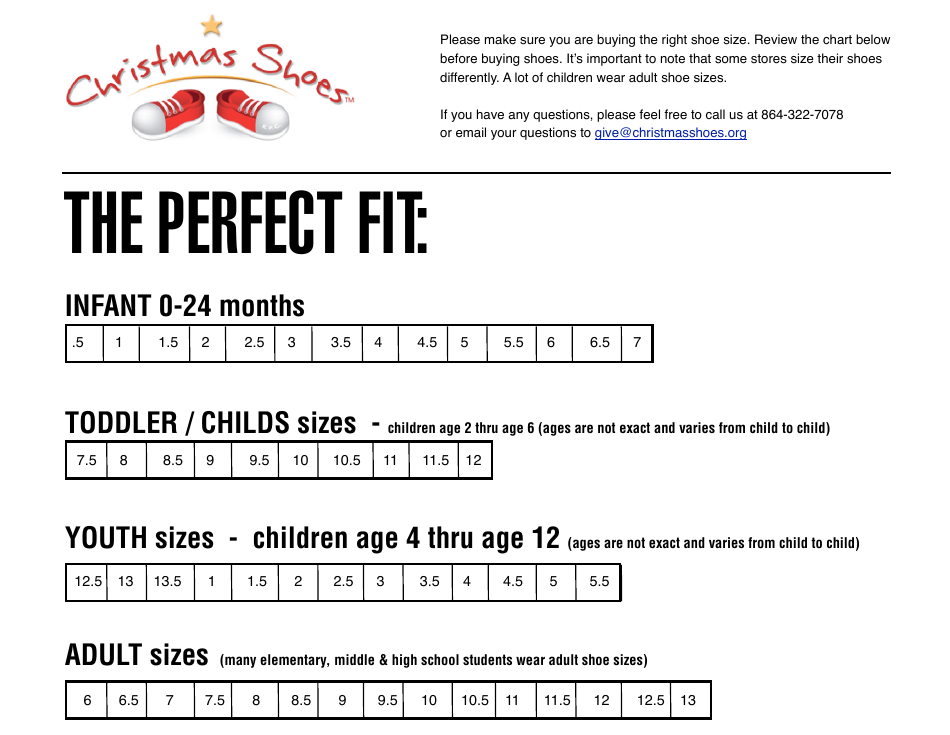 Christmas Shoes Size Chart, Page 1