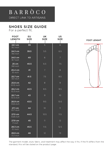 Shoe Size Guide - Barroco Download Printable PDF | Templateroller