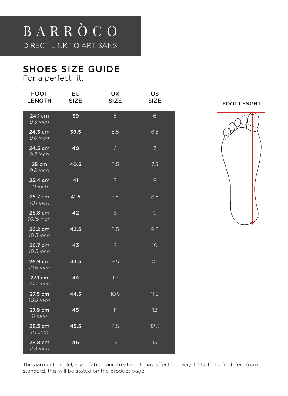 Shoe Size Guide Barroco Download Printable PDF Templateroller