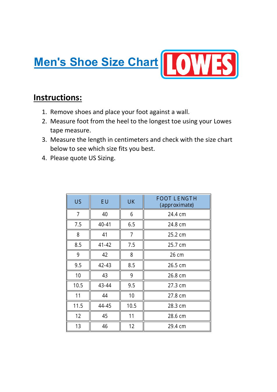 Women's and Men's Shoe Size Chart - Lowes Download Printable PDF ...