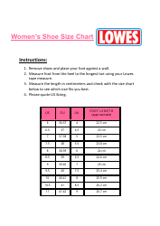 Document preview: Women's and Men's Shoe Size Chart - Lowes