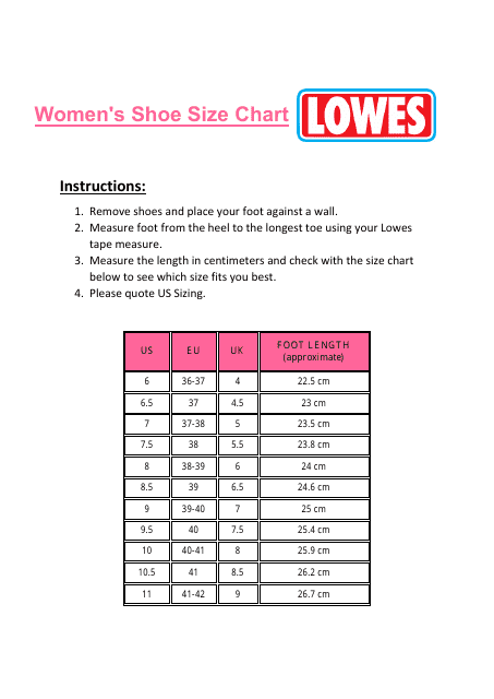 Women's and Men's Shoe Size Chart - Lowes