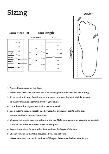 Foot Measurement Chart (Euro Sizes)