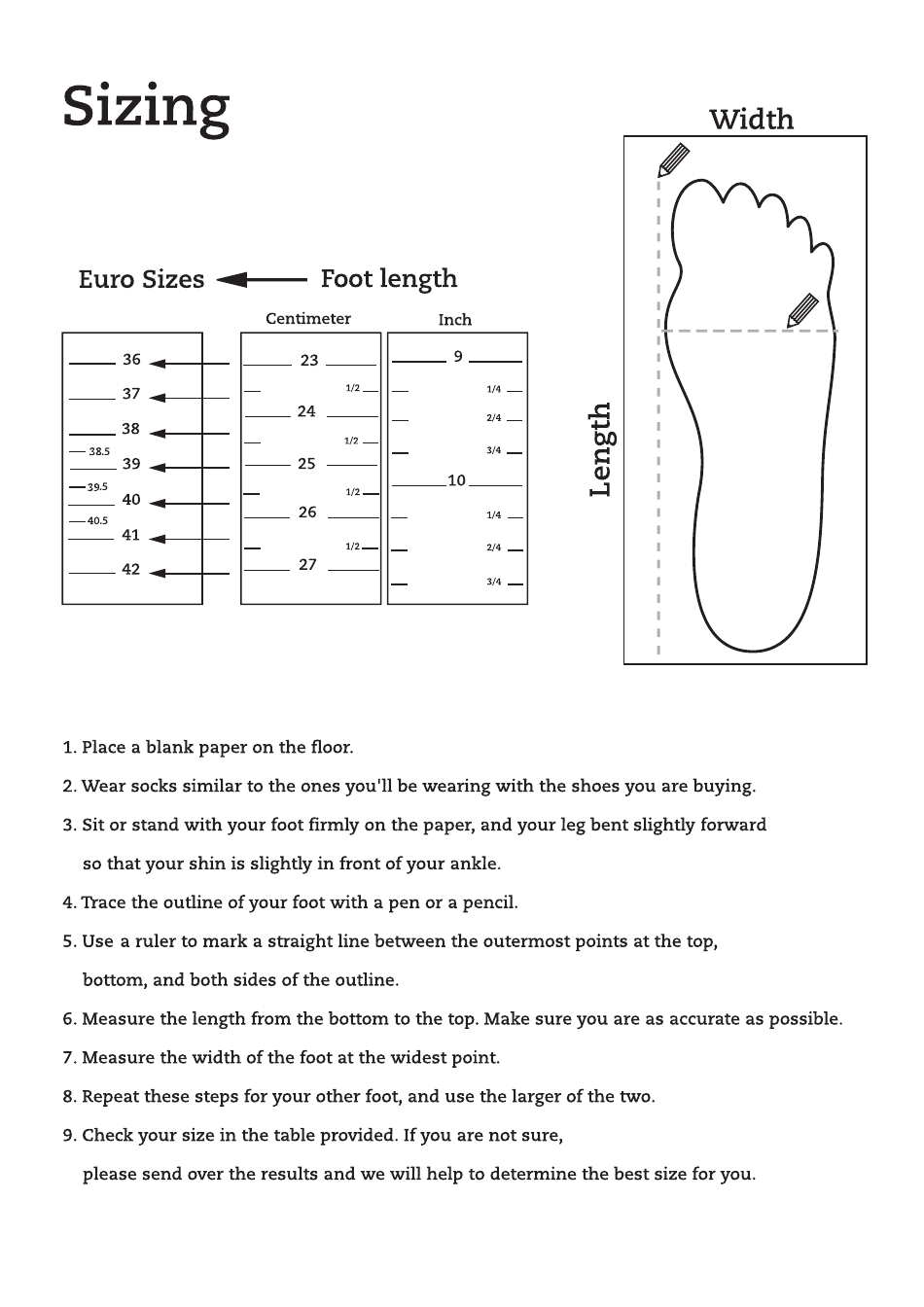 Foot Measurement Chart (Euro Sizes), Page 1