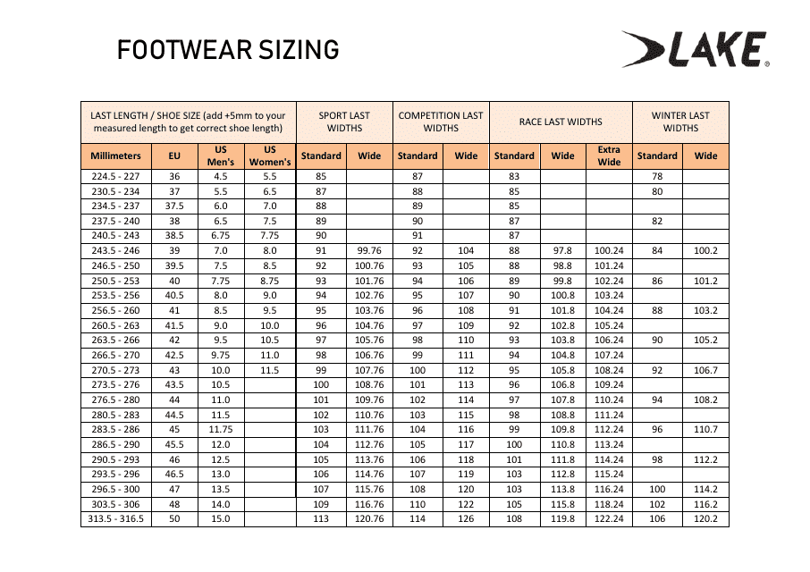 Footwear Sizing Chart - Lake