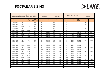 Footwear Sizing Chart - Lake