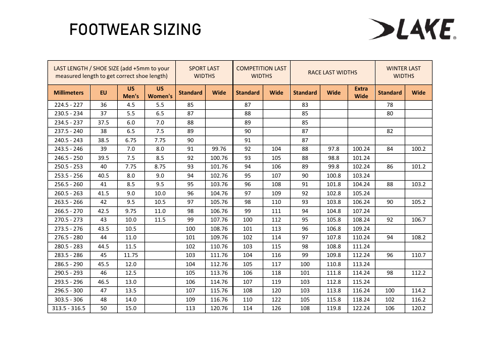 Footwear Sizing Chart - Lake, Page 1