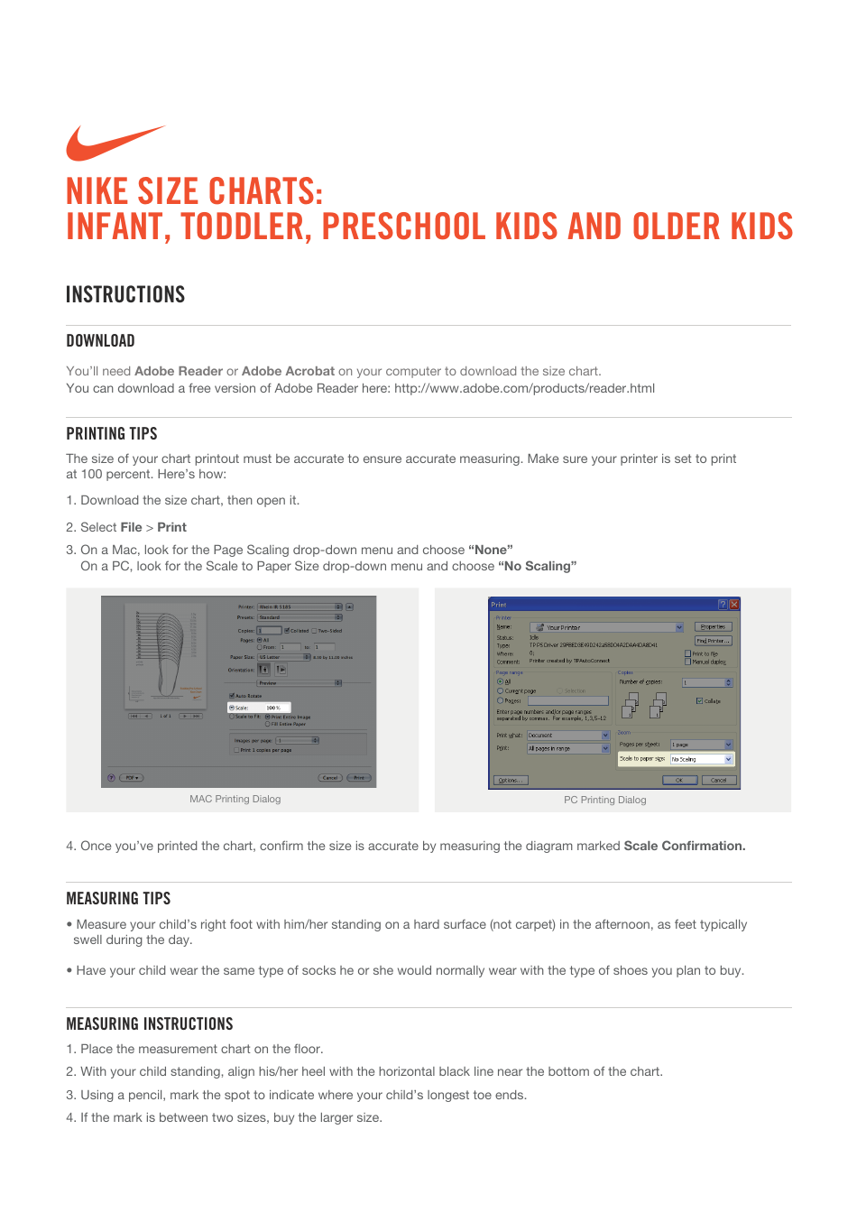 Infant, Toddler, Preschool Kids and Older Kids Size Chart - Nike, Page 1
