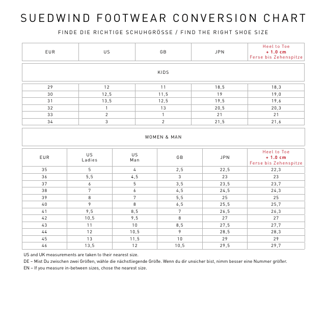 Footwear Conversion Chart - Suedwind Download Pdf
