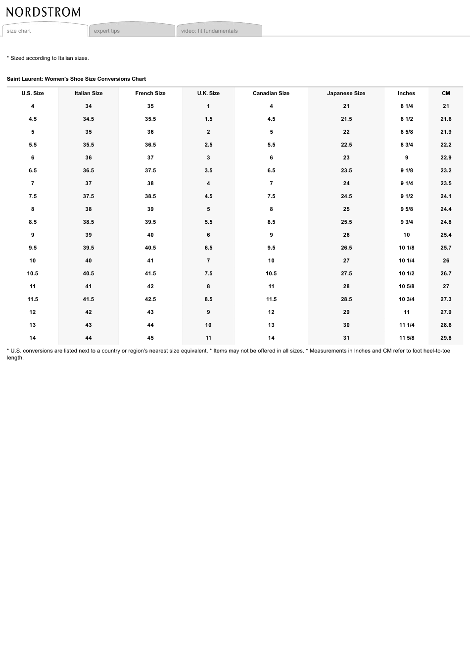 Women's Shoe Size Conversions Chart Saint Laurent Download Printable