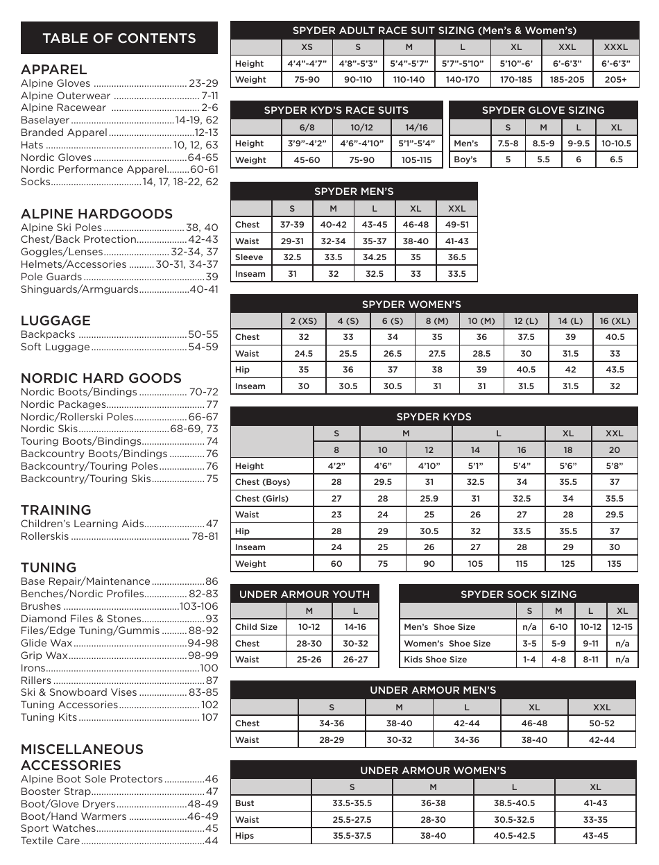 Race Suit Sizing Charts - Spyder, Page 1