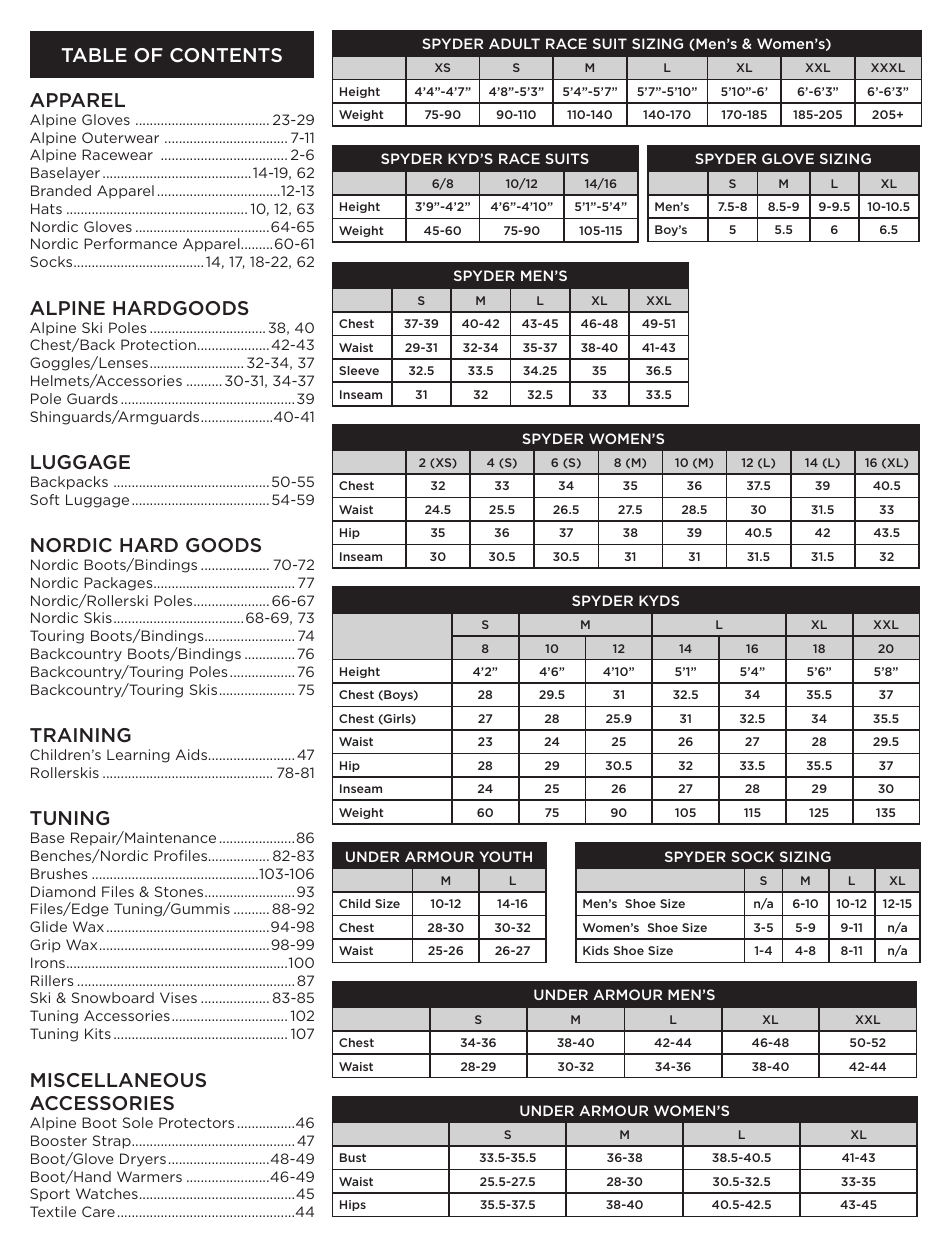 Race Suit Sizing Charts Spyder Download Printable PDF Templateroller