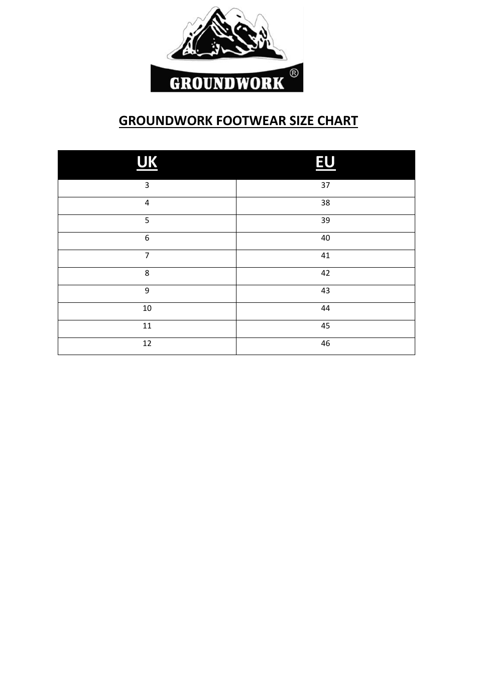 Footwear Size Chart - Groundwork, Page 1