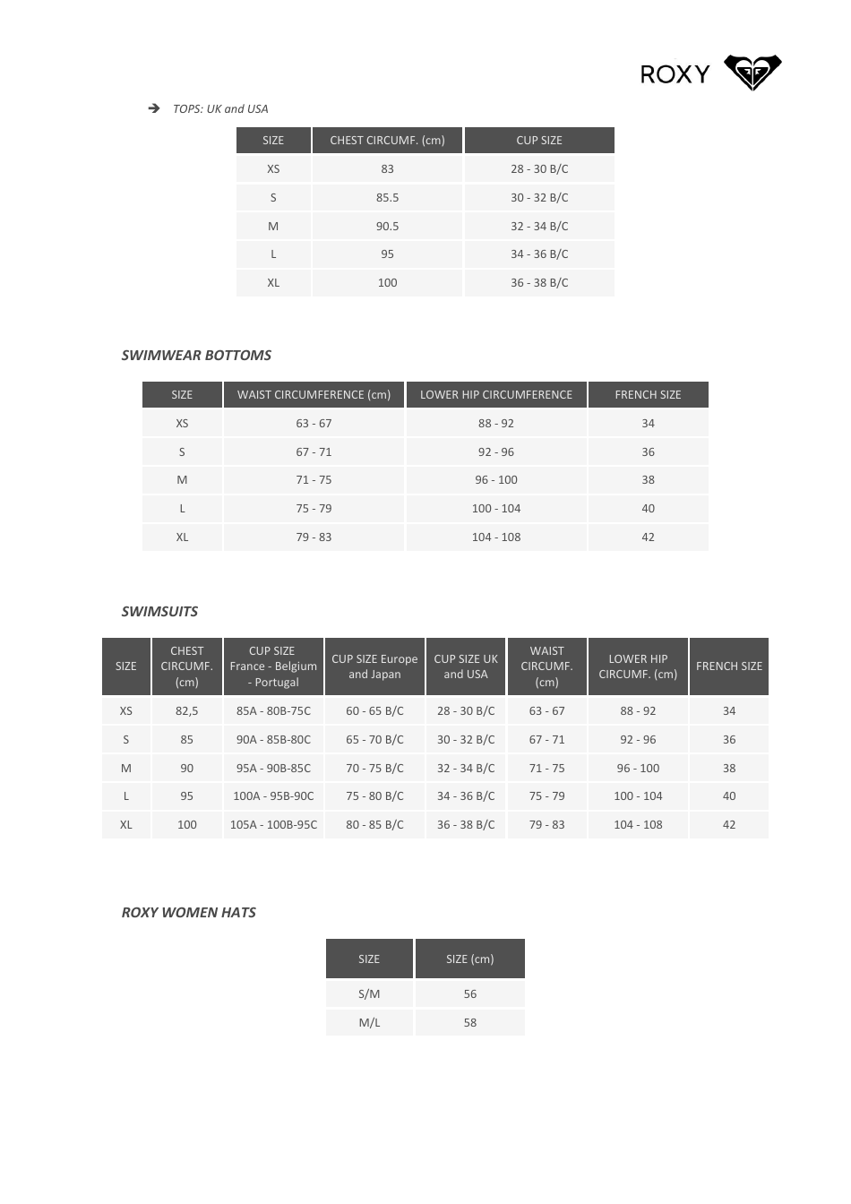 Sportswear All Size Chart - Roxy, Page 3
