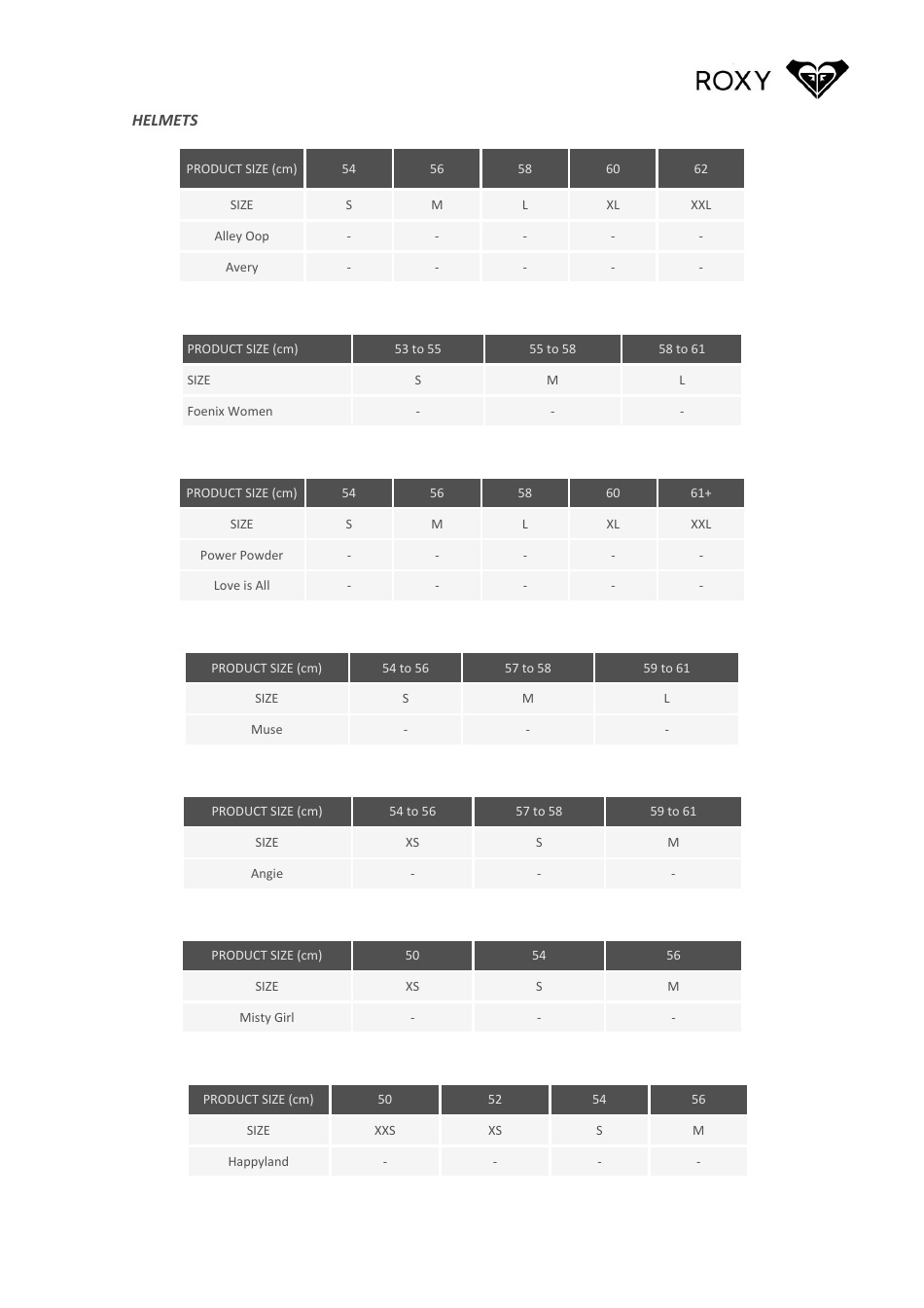 Sportswear All Size Chart - Roxy, Page 5