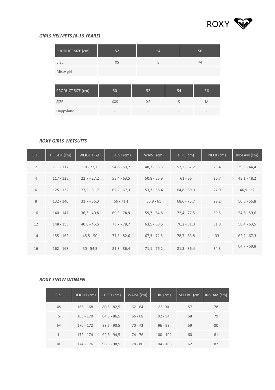 Sportswear All Size Chart Roxy Download Printable Pdf Templateroller 