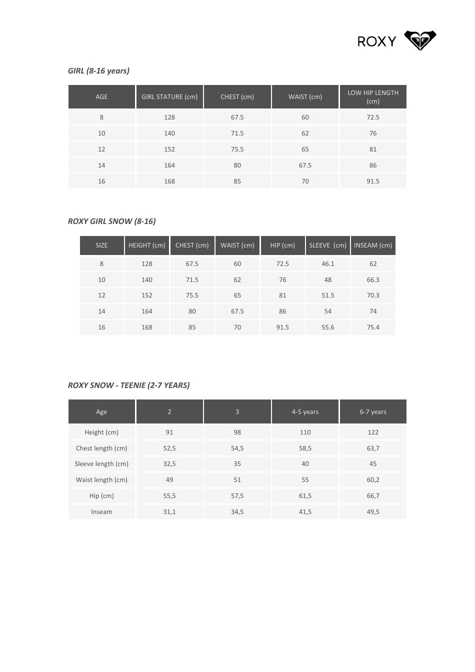 Sportswear All Size Chart - Roxy, Page 8