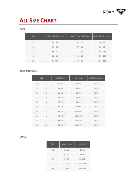 Sportswear All Size Chart - Roxy Download Printable PDF | Templateroller