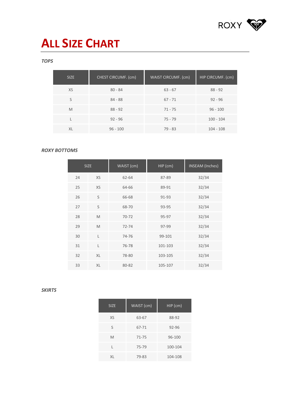 Sportswear All Size Chart - Roxy Download Printable PDF | Templateroller