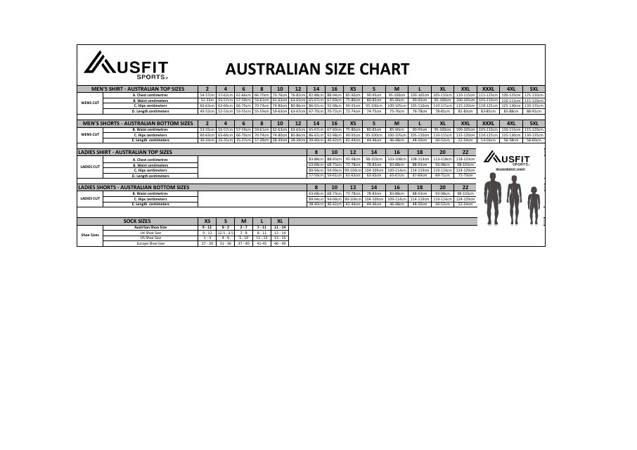 Australian Sportswear Size Chart Download Printable PDF | Templateroller