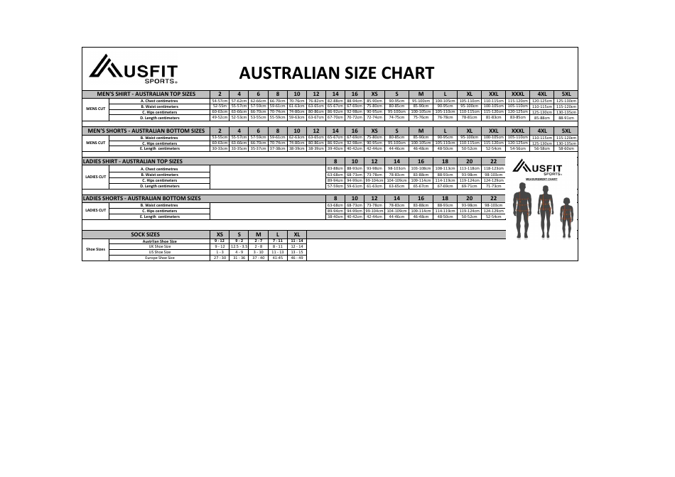 Australian Sportswear Size Chart, Page 1