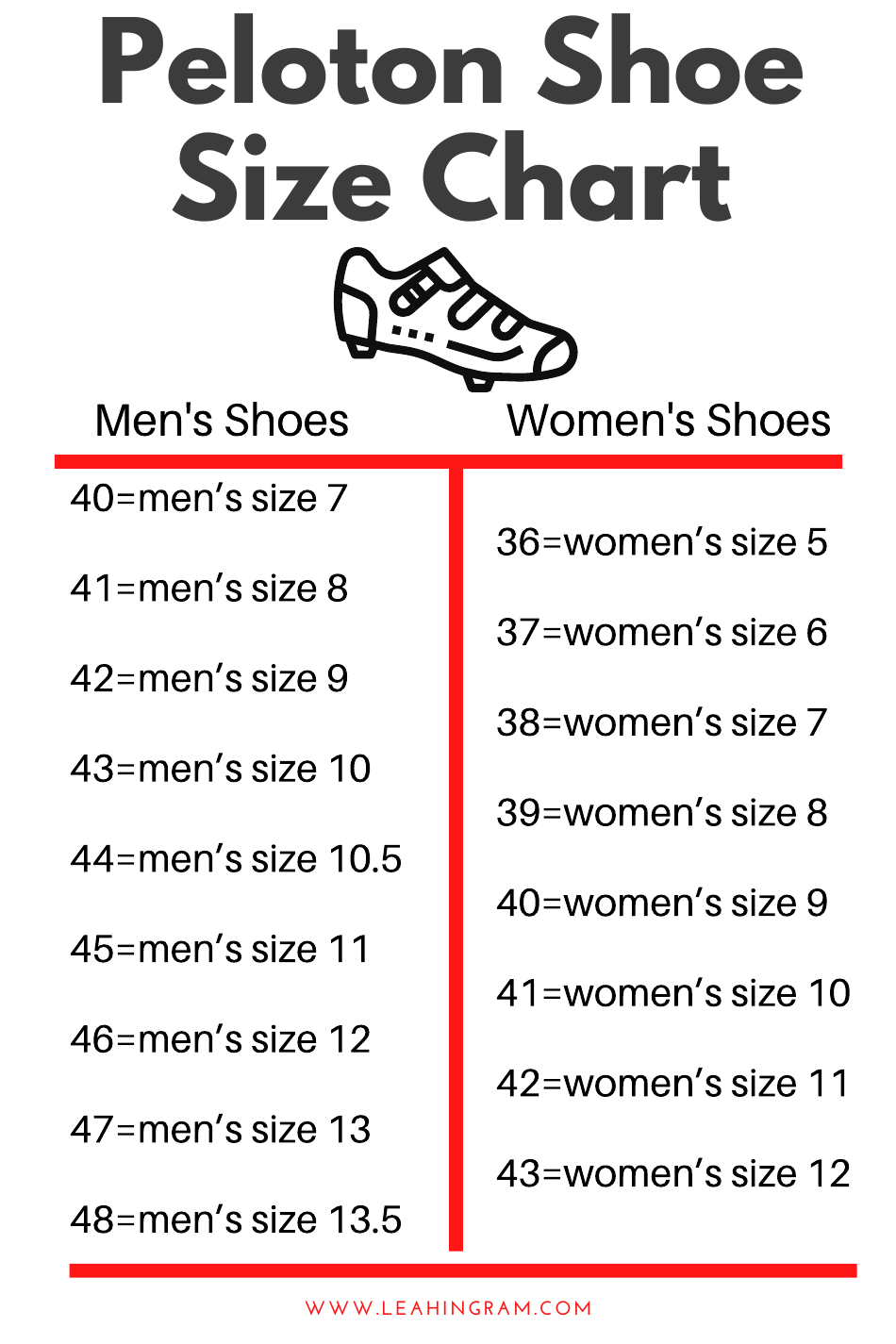 Shoe Size Chart - Peloton (40), Page 1