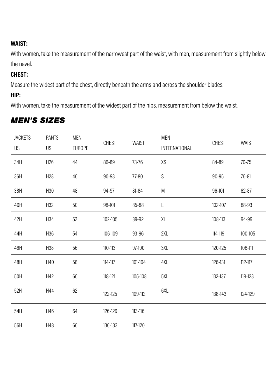Motorcycle Gear Size Charts, Page 1
