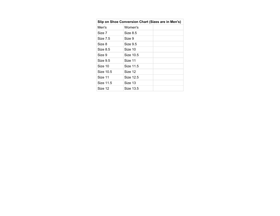 Men's Slip on Shoe Conversion Chart Download Printable PDF | Templateroller