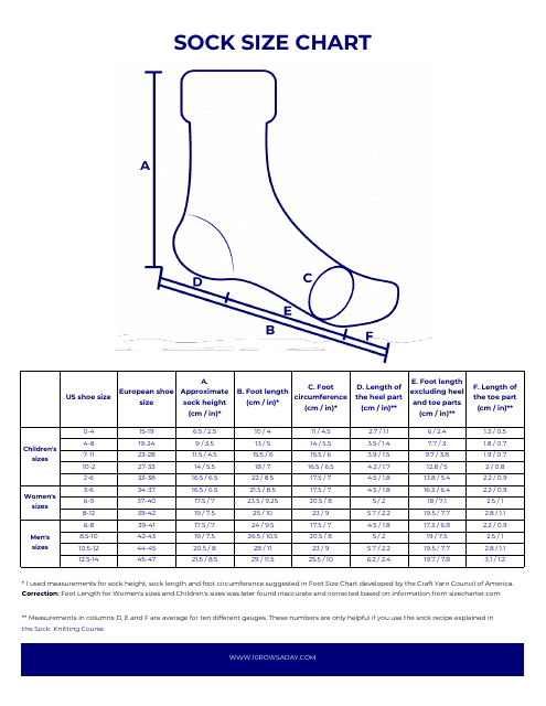 Sock Size Chart for Knitting