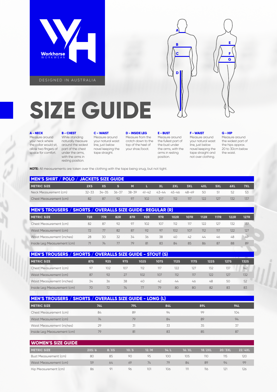 Workwear Size Chart - Workhorse, Page 1