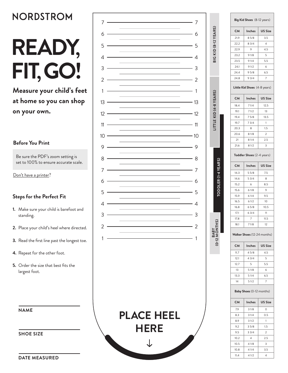 Children's Shoe Size Chart - Nordstrom Download Printable PDF ...