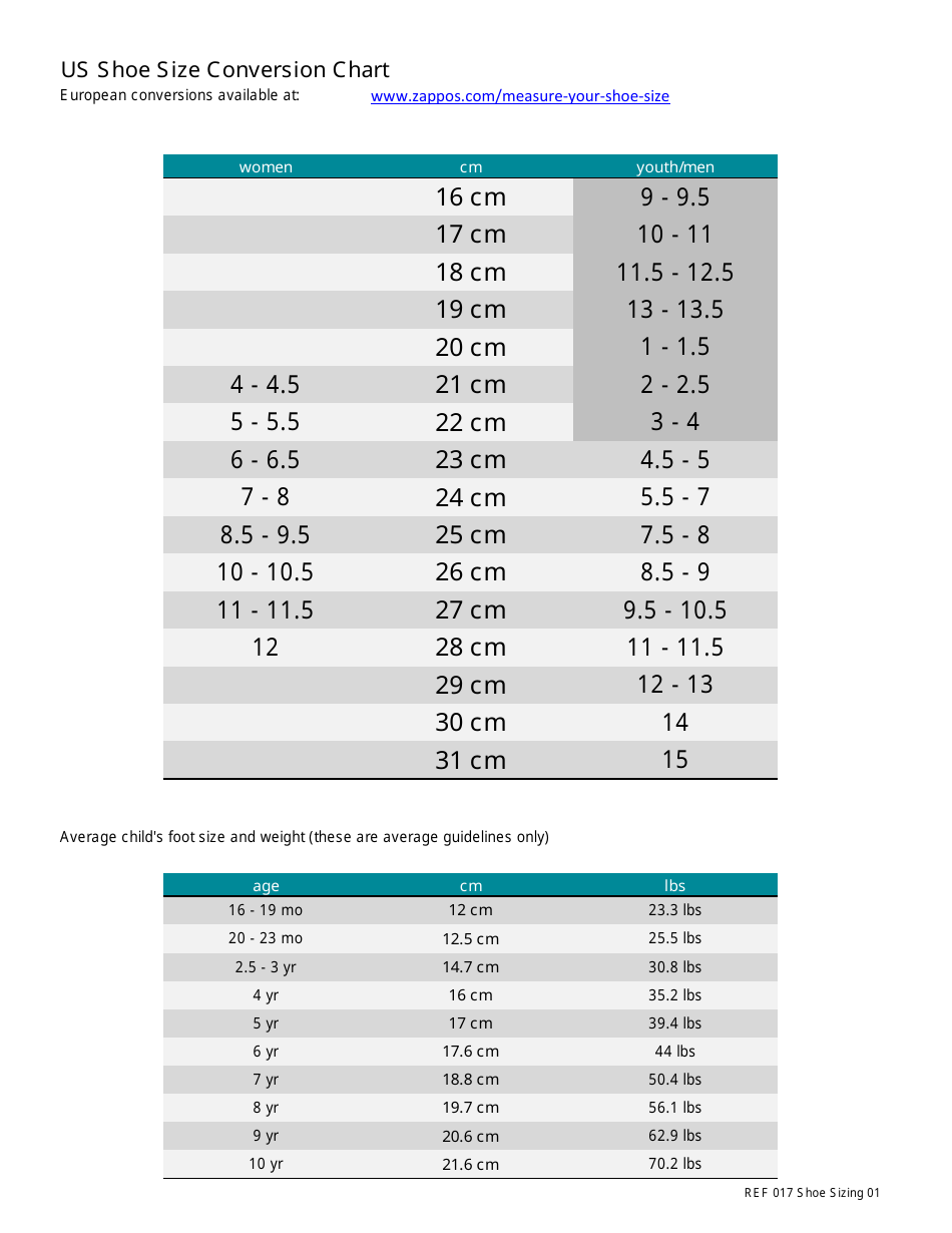 US Shoe Size Conversion Chart, Page 1