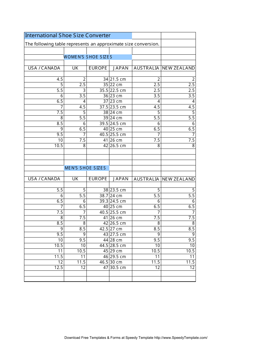International Shoe Size Conversion Chart Blue Download Printable PDF