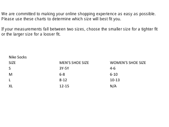 Document preview: Socks Size Chart - Nike